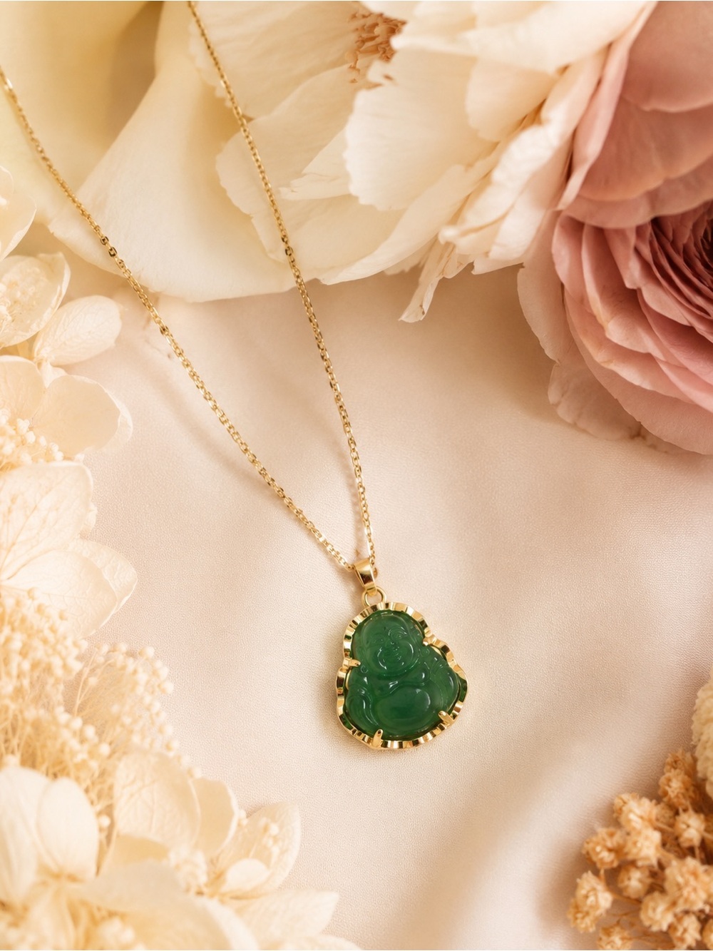 Gold Jade Buddha Pendant Necklace - Green